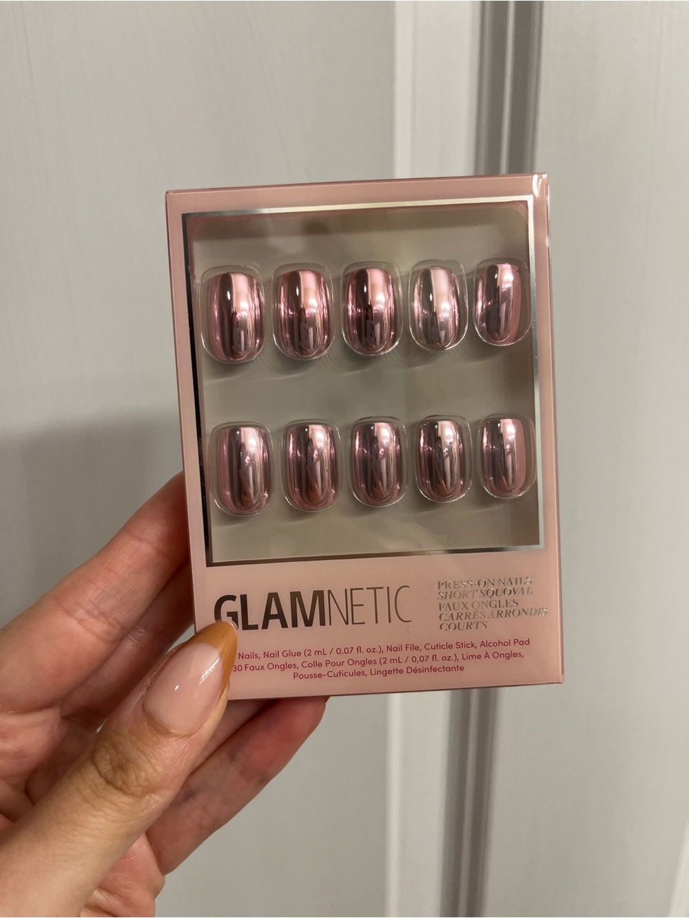 Glamnetic metallic blush rose gold chrome nails short squoval